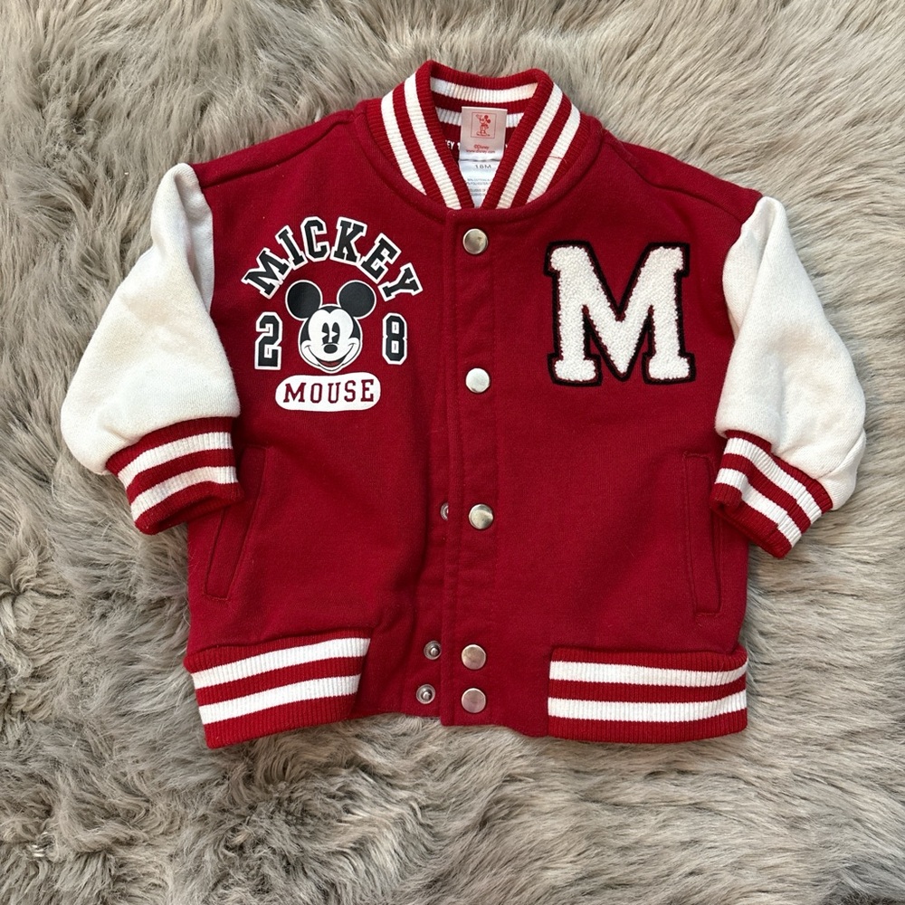 Kids Mickey Mouse Red and White Varsity Jacket